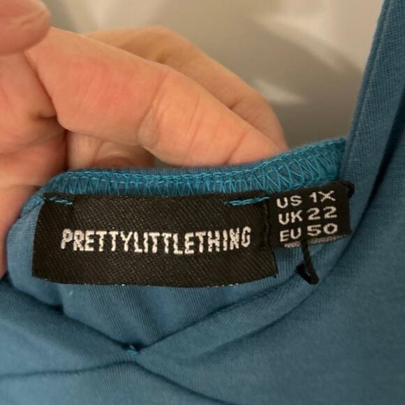 Pretty Little Thing Blue Contour Jersey Flared  Deep V Neck Jumpsuit New 1X - Picture 7 of 10